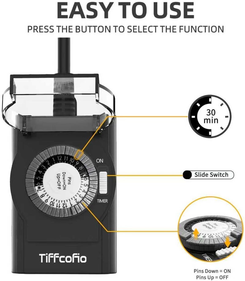 Tiffcofio Outdoor Timer Outlet Waterproof, 24 Hour Mechanical Light Timer Outdoor, 2 Grounded Outlets for Home and Garden, 15A 1/2HP, Heavy Duty, ETL Listed (2 Pack) - Image 3